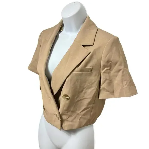 Maeve Blazer‎ Womens 6 Beige Cropped Anthropologie Short Sleeve Double Breasted - Picture 2 of 12